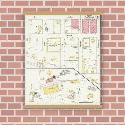 Old map wall art mockup — magnetic wood frame on brick wall — Sanborn Fire Insurance Map from Waxahachie, Ellis County, Texas (1898), Sheet #0007