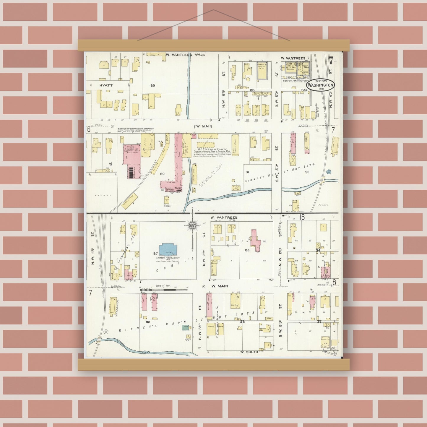 Old map wall art mockup — magnetic wood frame on brick wall — Sanborn Fire Insurance Map from Washington, Daviess County, Indiana (1909), Sheet #0007