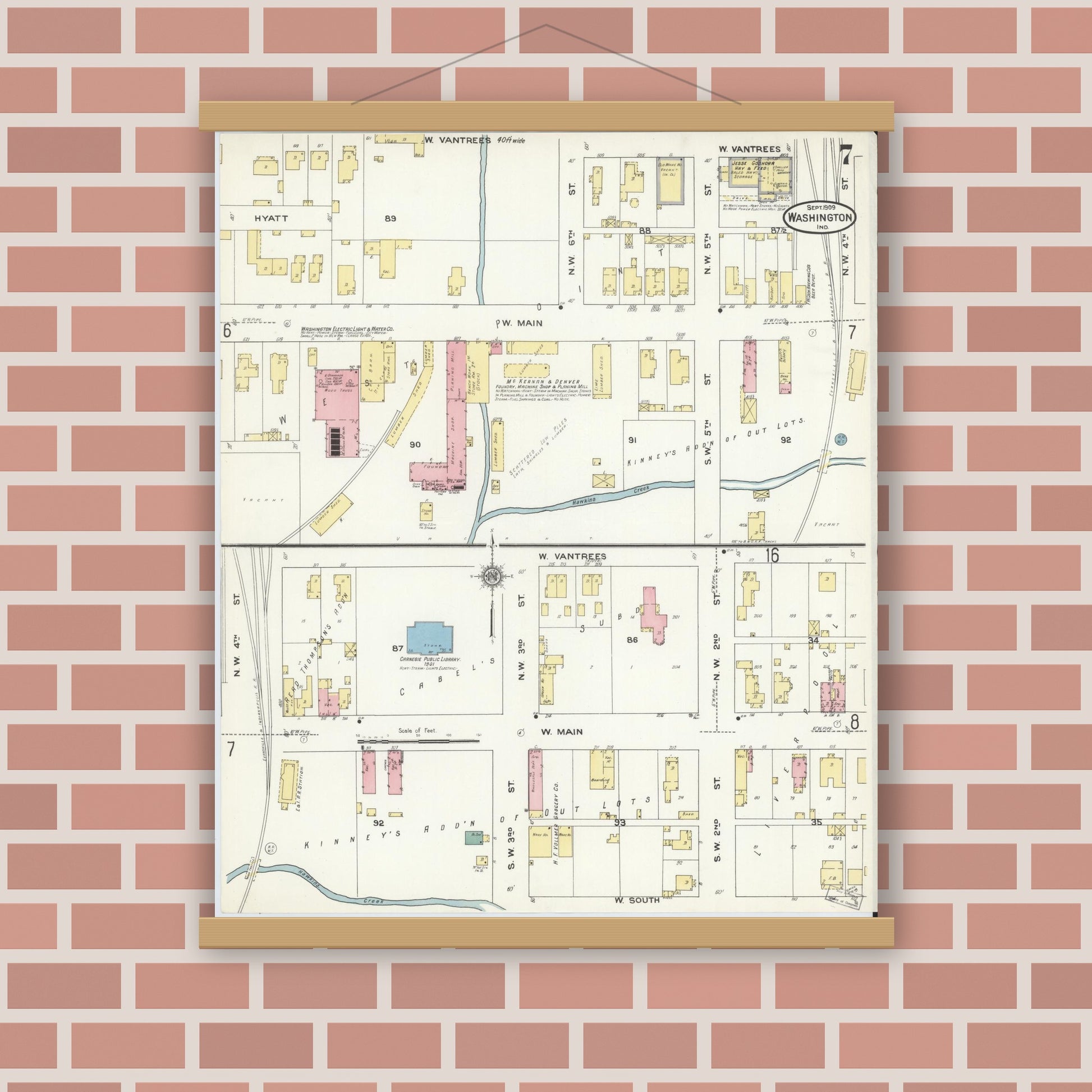 Old map wall art mockup — magnetic wood frame on brick wall — Sanborn Fire Insurance Map from Washington, Daviess County, Indiana (1909), Sheet #0007