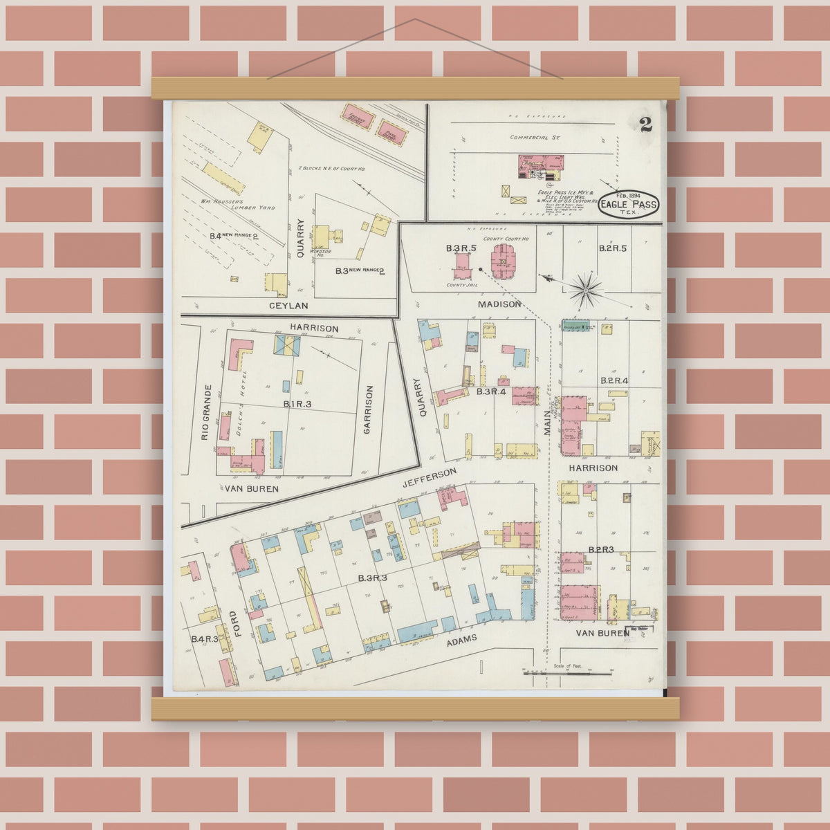 Old map wall art mockup — magnetic wood frame on brick wall — Sanborn Fire Insurance Map from Eagle Pass, Maverick County, Texas (1894), Sheet #0002