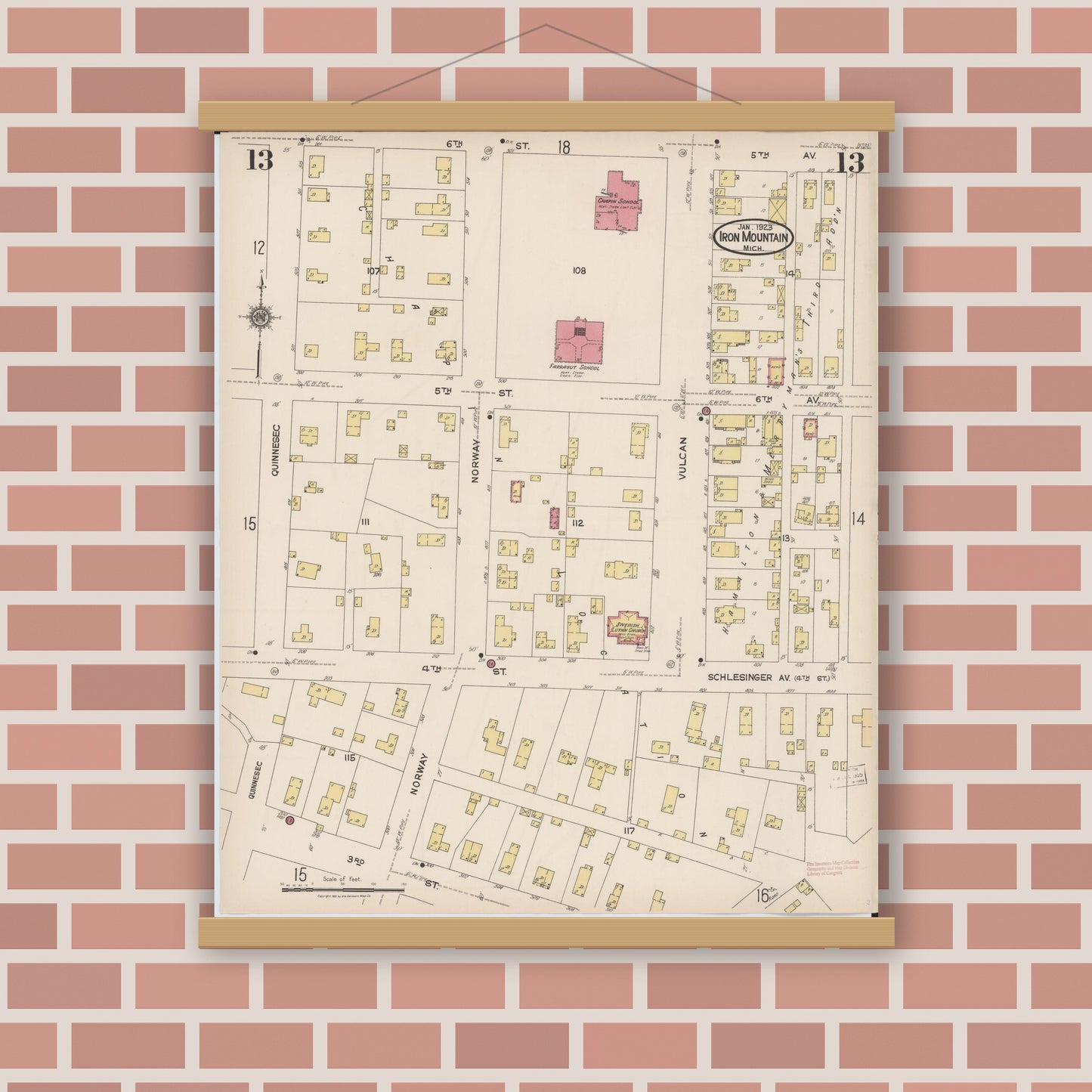 Old map wall art mockup — magnetic wood frame on brick wall — Sanborn Fire Insurance Map from Iron Mountain, Dickinson County, Michigan (1923), Sheet #0013