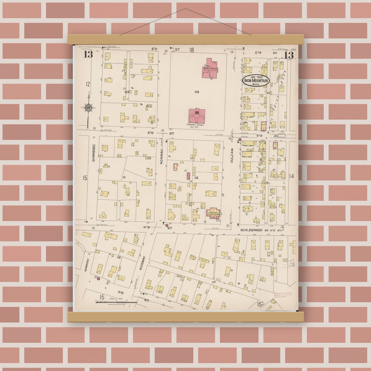 Old map wall art mockup — magnetic wood frame on brick wall — Sanborn Fire Insurance Map from Iron Mountain, Dickinson County, Michigan (1923), Sheet #0013