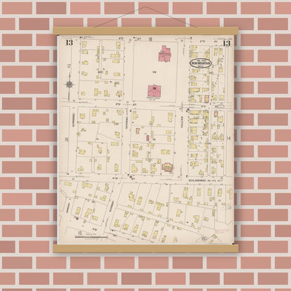 Old map wall art mockup — magnetic wood frame on brick wall — Sanborn Fire Insurance Map from Iron Mountain, Dickinson County, Michigan (1923), Sheet #0013