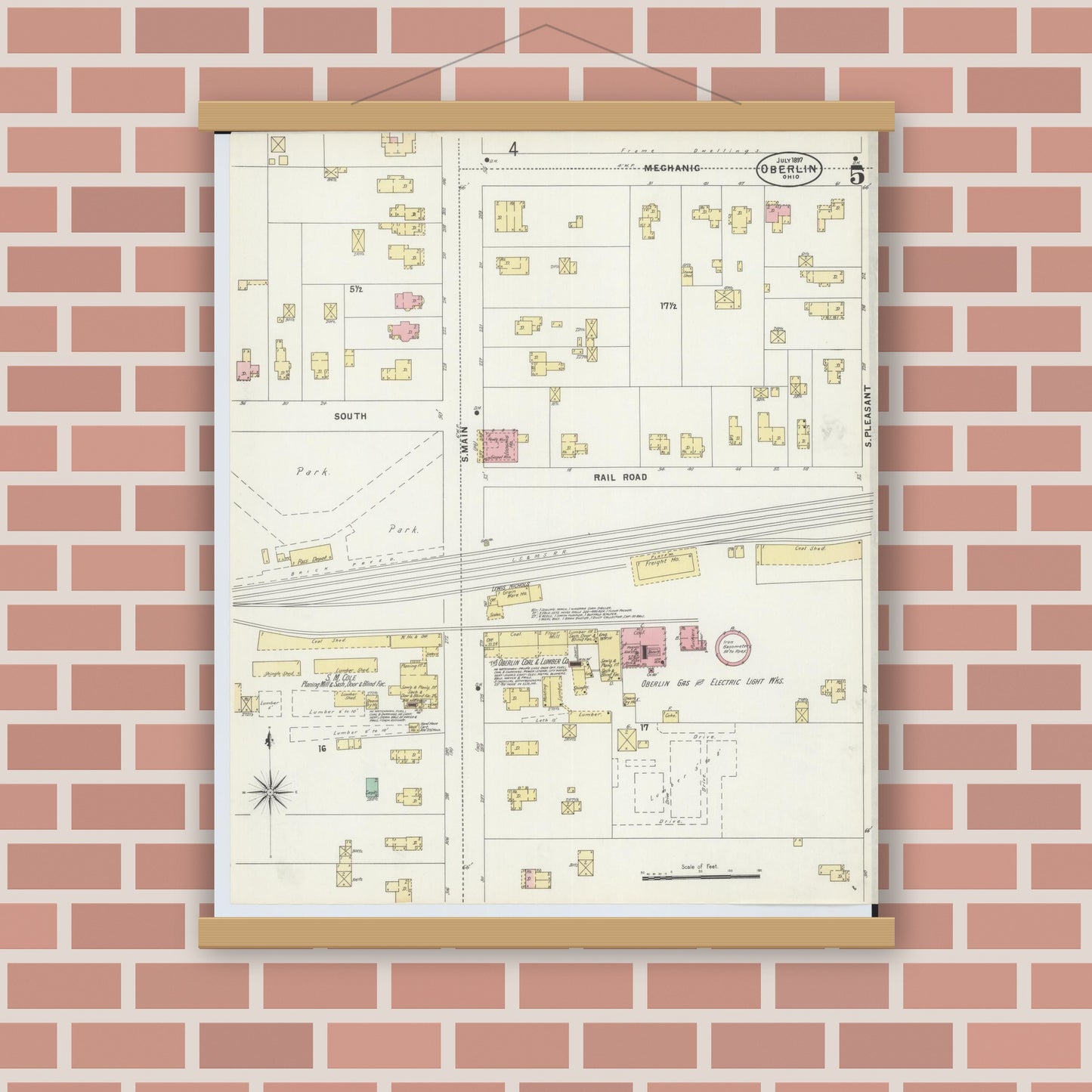 Old map wall art mockup — magnetic wood frame on brick wall — Sanborn Fire Insurance Map from Oberlin, Lorain County, Ohio (1897), Sheet #0005