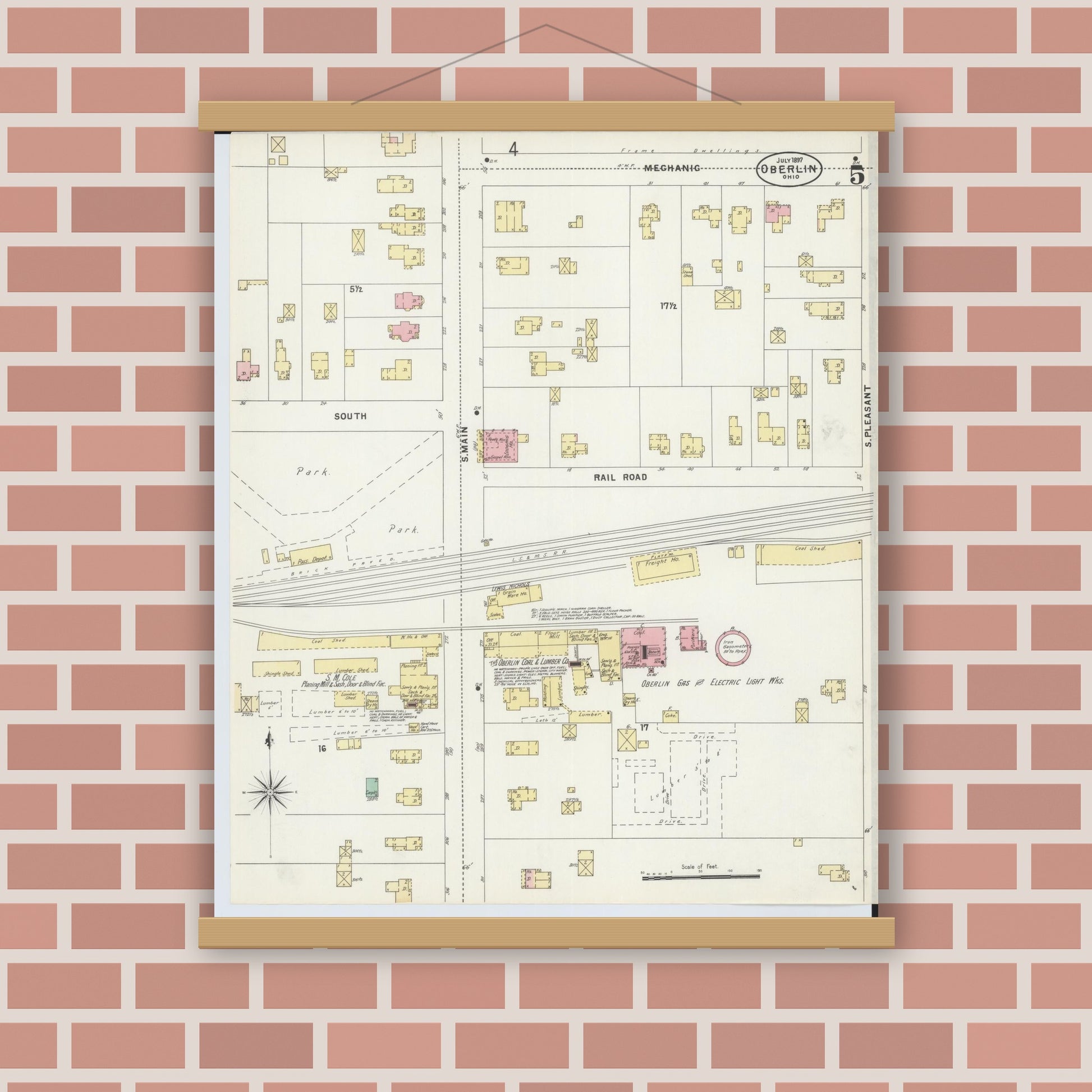 Old map wall art mockup — magnetic wood frame on brick wall — Sanborn Fire Insurance Map from Oberlin, Lorain County, Ohio (1897), Sheet #0005