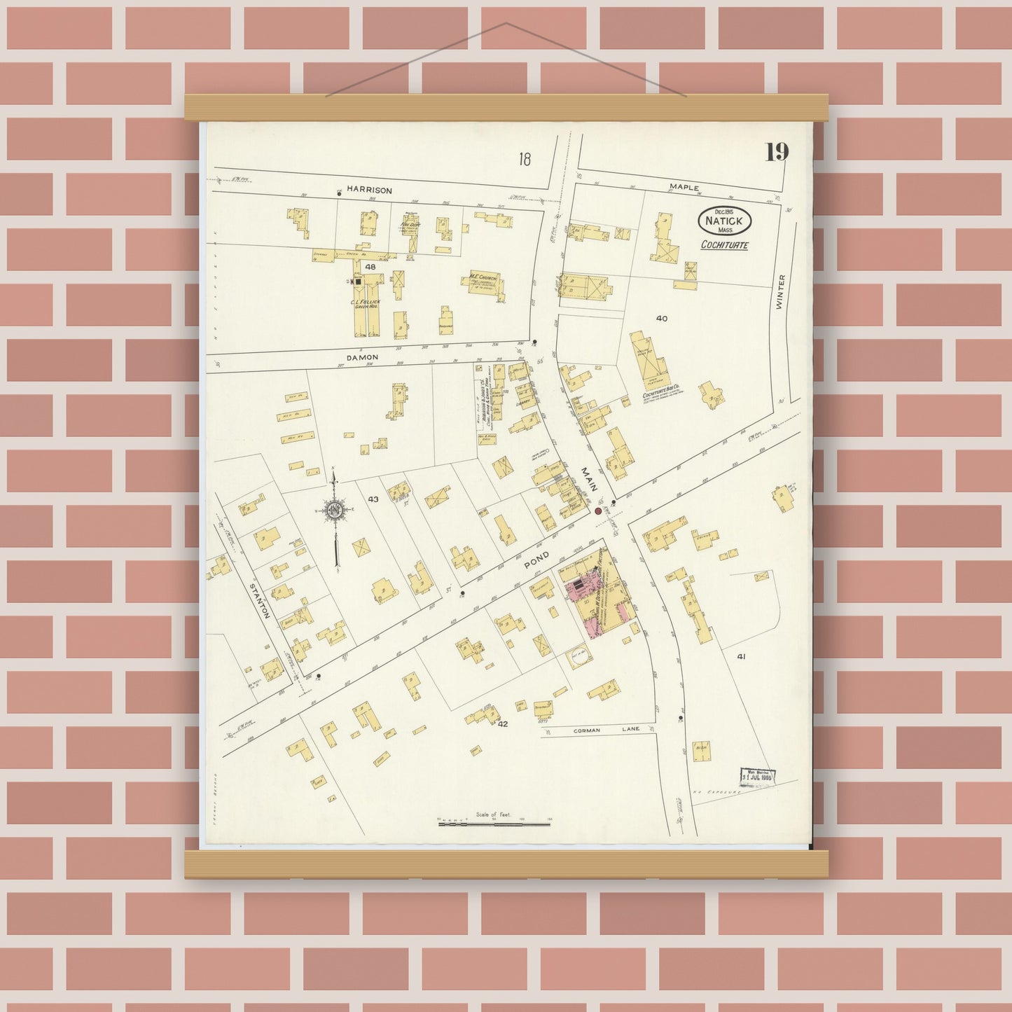 Old map wall art mockup — magnetic wood frame on brick wall — Sanborn Fire Insurance Map from Natick, Middlesex County, Massachusetts (1915), Sheet #0019