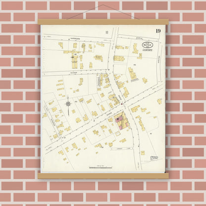 Old map wall art mockup — magnetic wood frame on brick wall — Sanborn Fire Insurance Map from Natick, Middlesex County, Massachusetts (1915), Sheet #0019