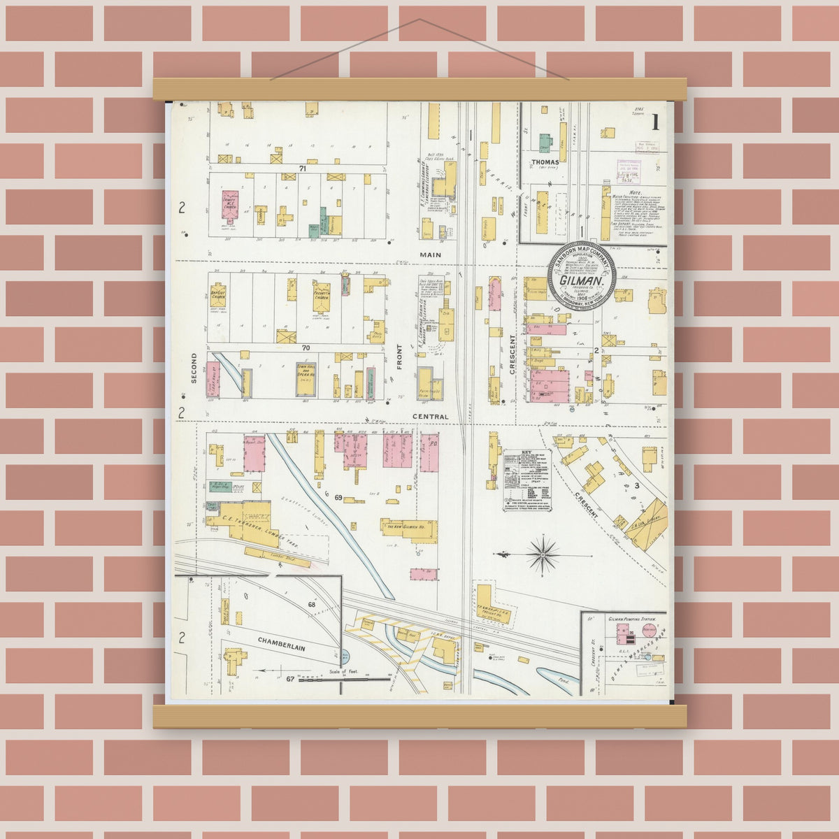 Old map wall art mockup — magnetic wood frame on brick wall — Sanborn Fire Insurance Map from Gilman, Iroquois County, Illinois (1906), Sheet #0001