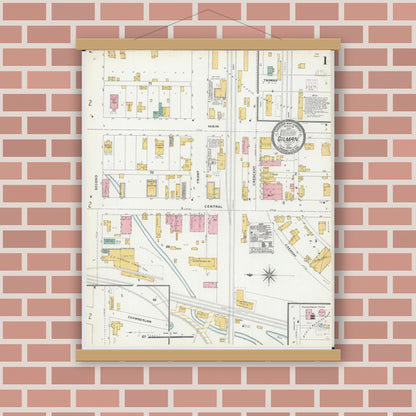 Old map wall art mockup — magnetic wood frame on brick wall — Sanborn Fire Insurance Map from Gilman, Iroquois County, Illinois (1906), Sheet #0001