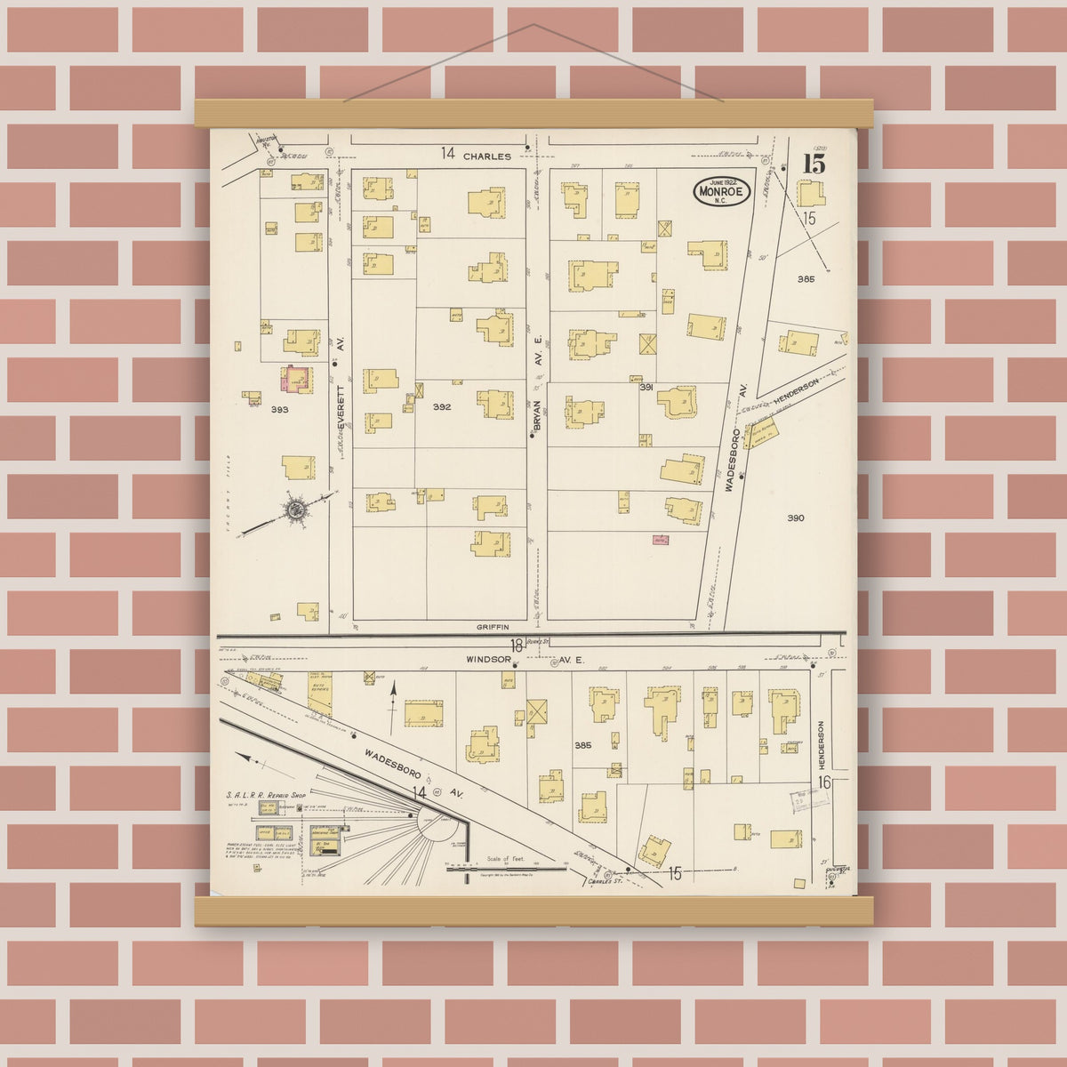 Old map wall art mockup — magnetic wood frame on brick wall — Sanborn Fire Insurance Map from Monroe, Union County, North Carolina (1922), Sheet #0015
