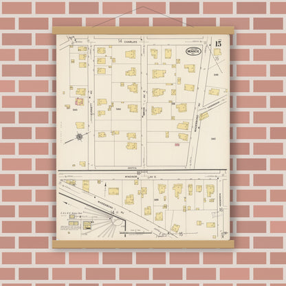 Old map wall art mockup — magnetic wood frame on brick wall — Sanborn Fire Insurance Map from Monroe, Union County, North Carolina (1922), Sheet #0015