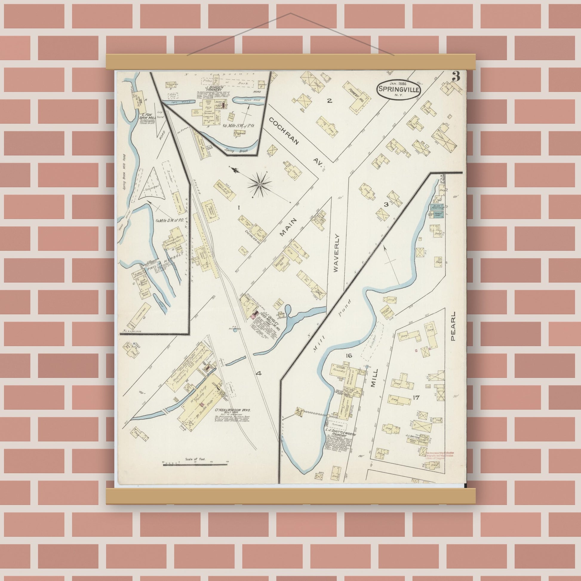 Old map wall art mockup — magnetic wood frame on brick wall — Sanborn Fire Insurance Map from Springville, Erie County, New York (1886), Sheet #0003