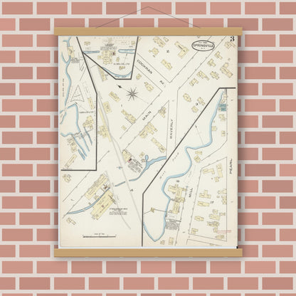 Old map wall art mockup — magnetic wood frame on brick wall — Sanborn Fire Insurance Map from Springville, Erie County, New York (1886), Sheet #0003
