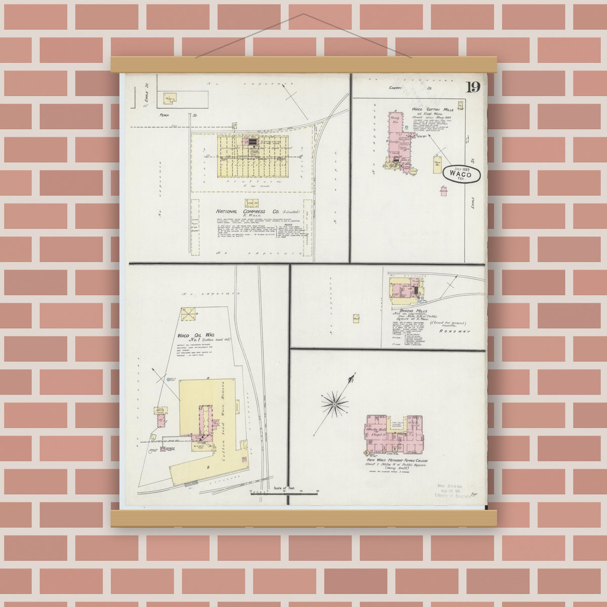 Old map wall art mockup — magnetic wood frame on brick wall — Sanborn Fire Insurance Map from Waco, McLennan County, Texas (1889), Sheet #0019