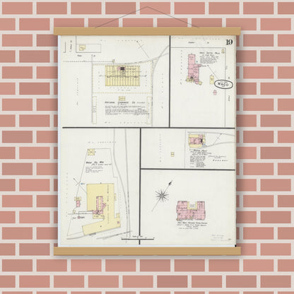 Old map wall art mockup — magnetic wood frame on brick wall — Sanborn Fire Insurance Map from Waco, McLennan County, Texas (1889), Sheet #0019