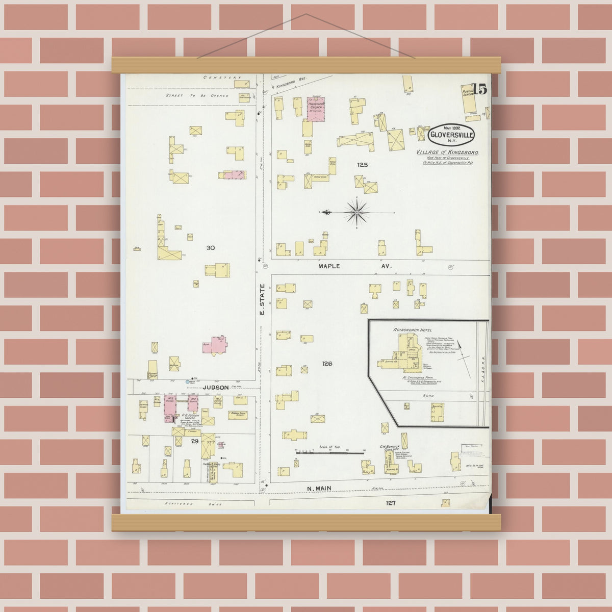 Old map wall art mockup — magnetic wood frame on brick wall — Sanborn Fire Insurance Map from Gloversville, Fulton County, New York (1892), Sheet #0015