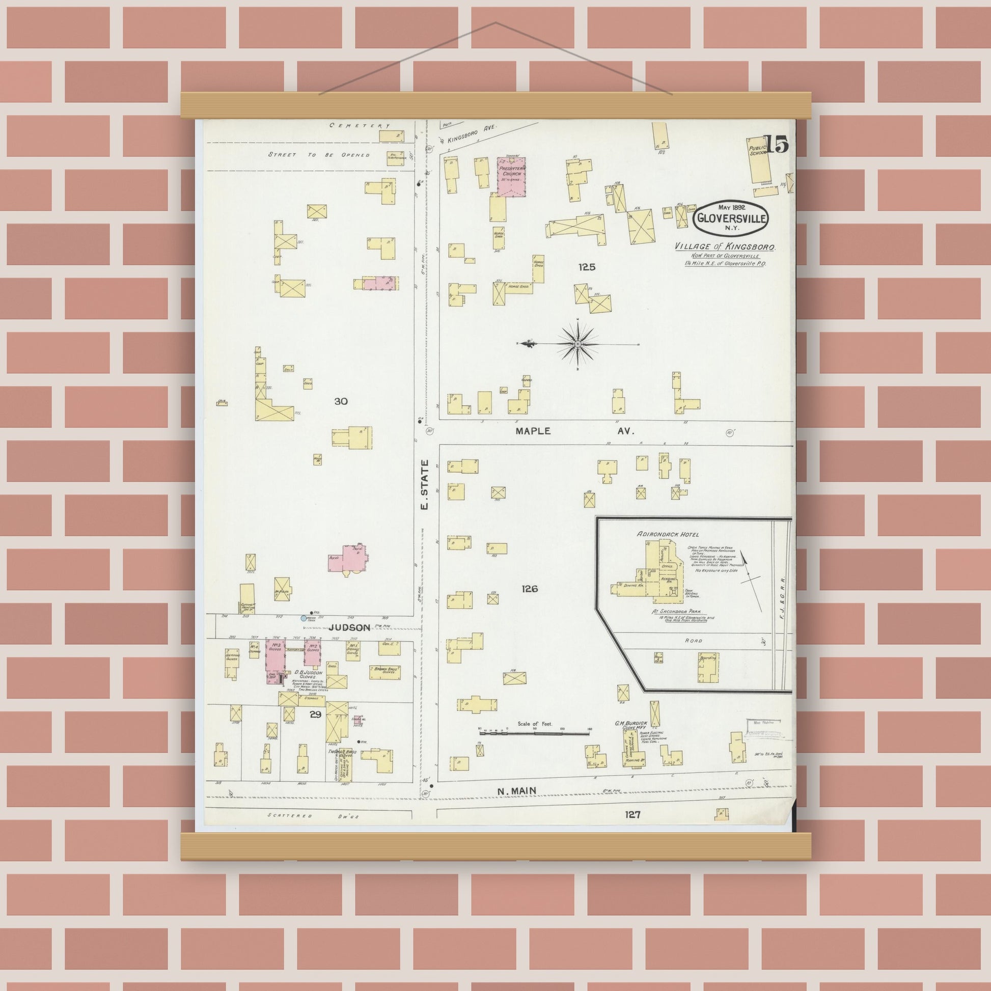 Old map wall art mockup — magnetic wood frame on brick wall — Sanborn Fire Insurance Map from Gloversville, Fulton County, New York (1892), Sheet #0015