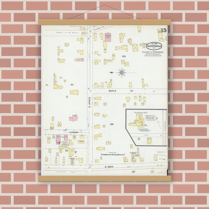 Old map wall art mockup — magnetic wood frame on brick wall — Sanborn Fire Insurance Map from Gloversville, Fulton County, New York (1892), Sheet #0015