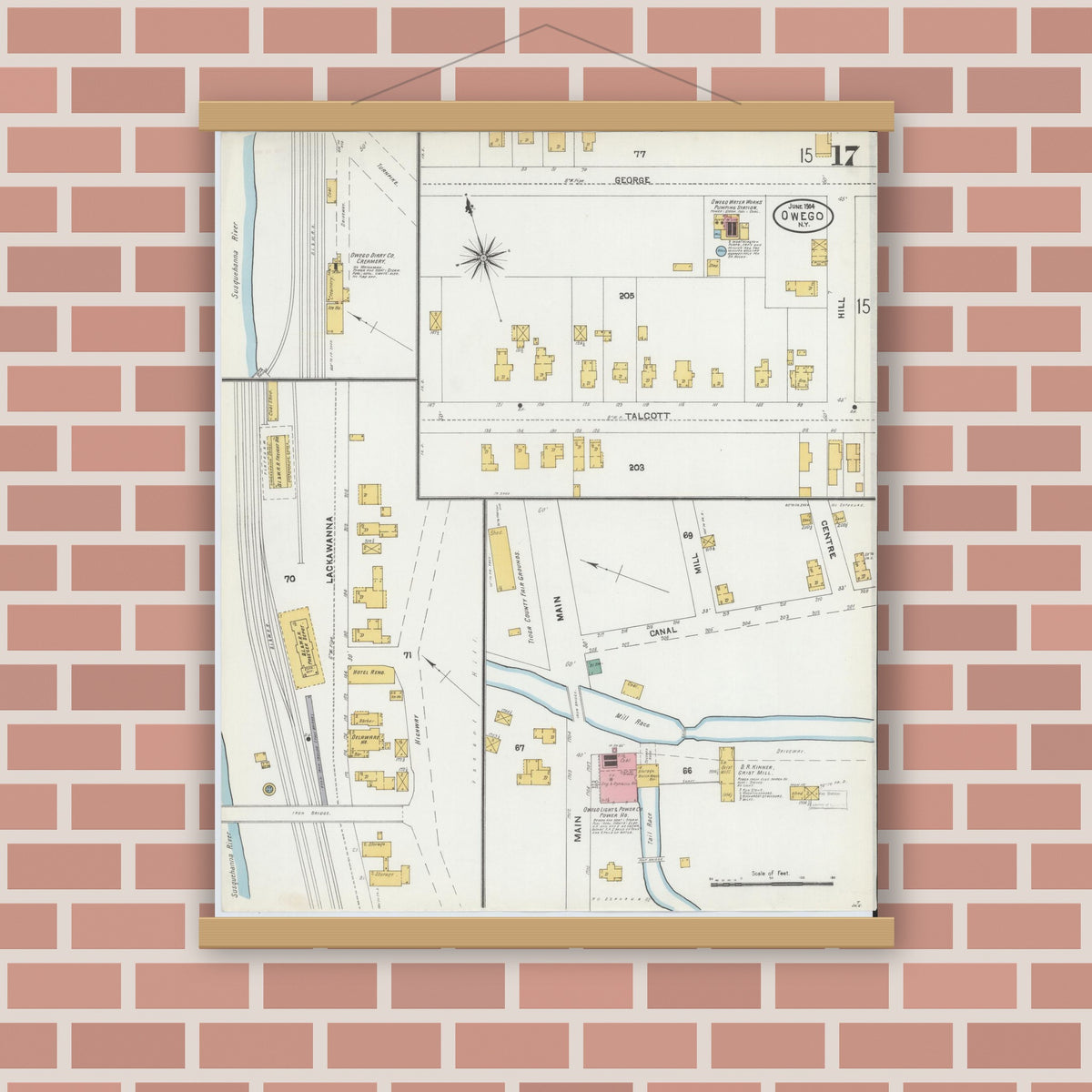 Old map wall art mockup — magnetic wood frame on brick wall — Sanborn Fire Insurance Map from Owego, Tioga County, New York (1904), Sheet #0017