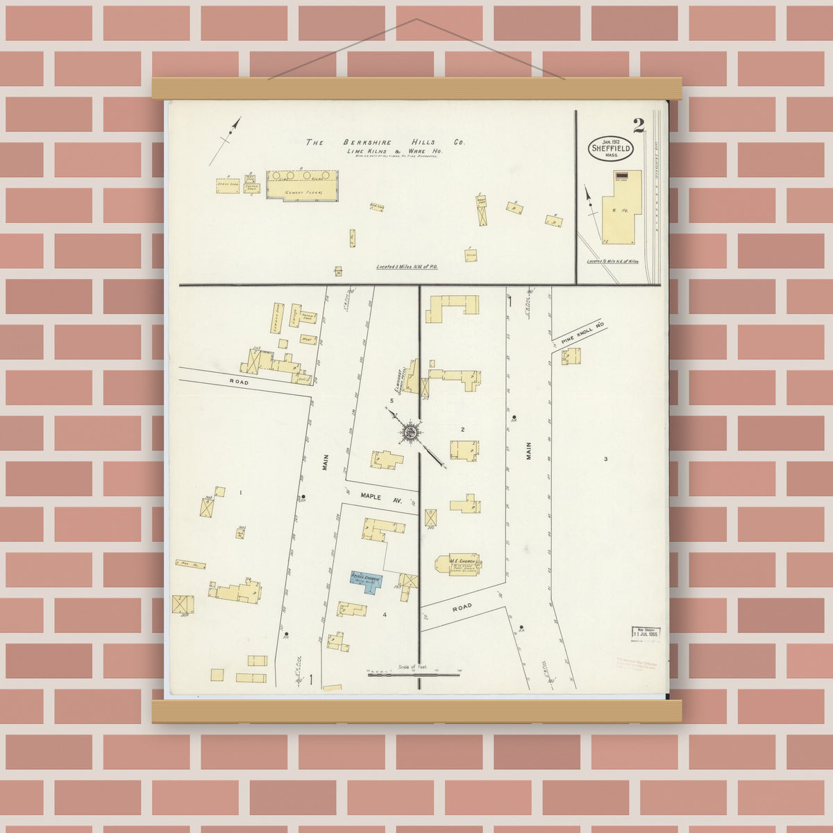 Old map wall art mockup — magnetic wood frame on brick wall — Sanborn Fire Insurance Map from Sheffield, Berkshire County, Massachusetts (1912), Sheet #0002