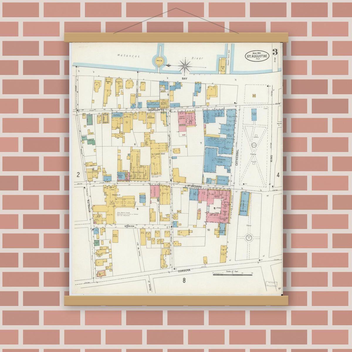 Old map wall art mockup — magnetic wood frame on brick wall — Sanborn Fire Insurance Map from Saint Augustine, Saint John's County, Florida (1904), Sheet #0003