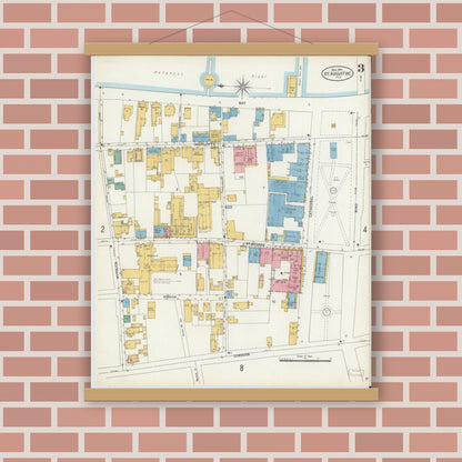 Old map wall art mockup — magnetic wood frame on brick wall — Sanborn Fire Insurance Map from Saint Augustine, Saint John's County, Florida (1904), Sheet #0003