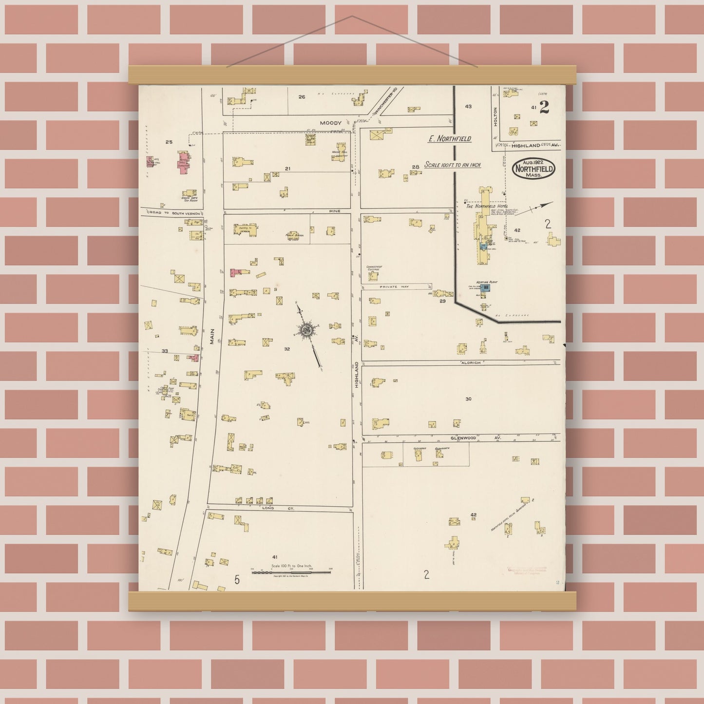 Old map wall art mockup — magnetic wood frame on brick wall — Sanborn Fire Insurance Map from Northfield, Franklin County, Massachusetts (1922), Sheet #0002