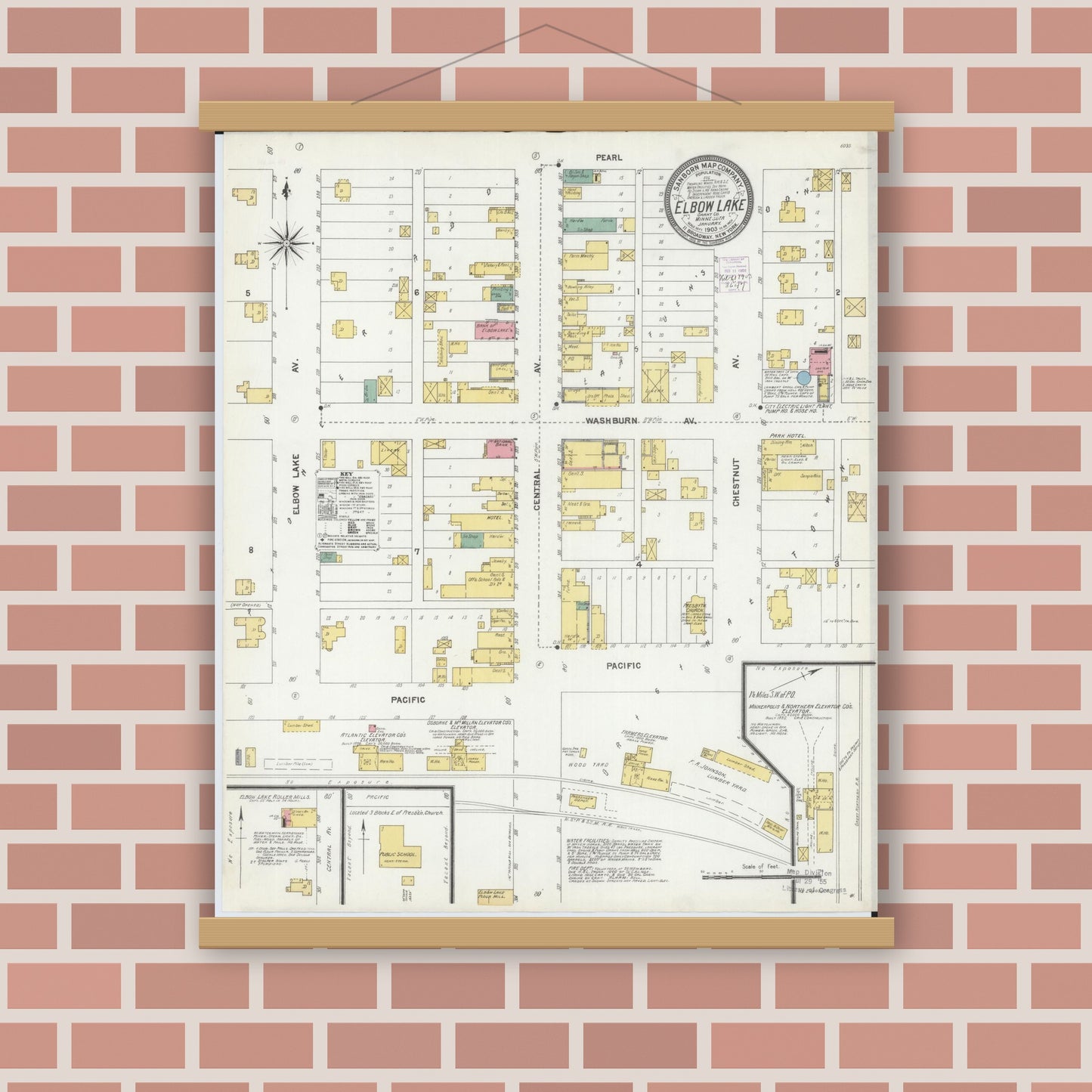 Old map wall art mockup — magnetic wood frame on brick wall — Sanborn Fire Insurance Map from Elbow Lake, Grant County, Minnesota (1903), Sheet #0001