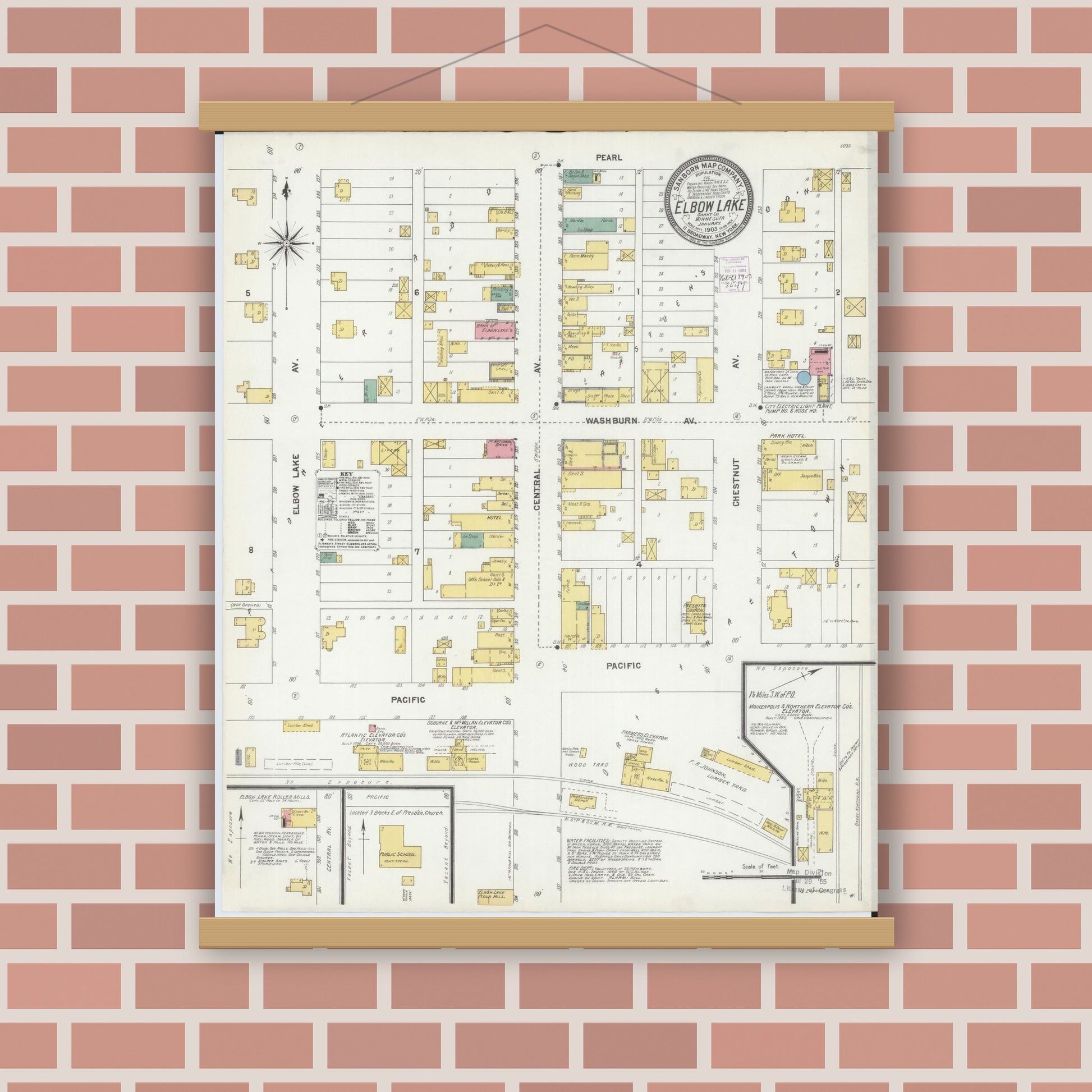 Old map wall art mockup — magnetic wood frame on brick wall — Sanborn Fire Insurance Map from Elbow Lake, Grant County, Minnesota (1903), Sheet #0001
