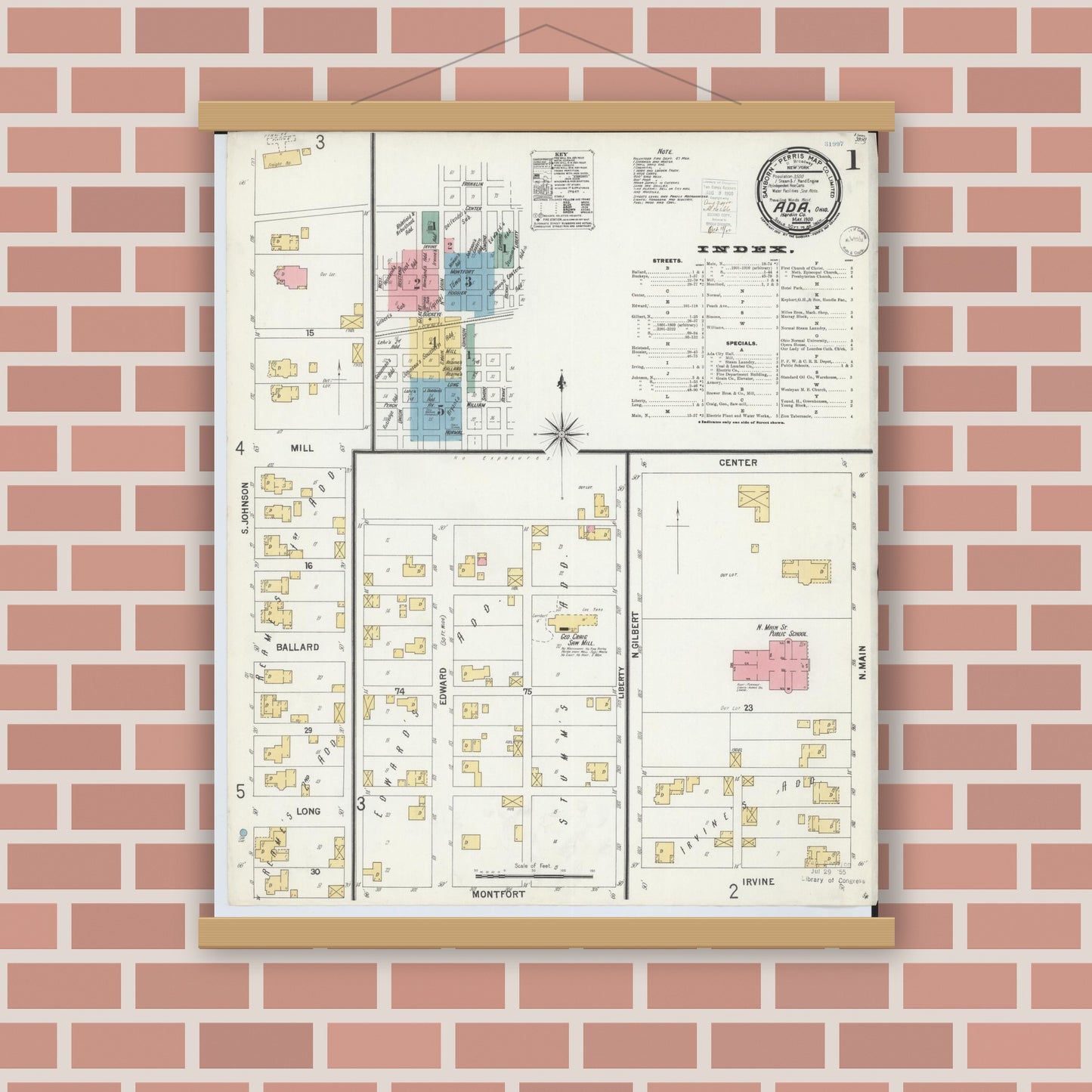 Old map wall art mockup — magnetic wood frame on brick wall — Sanborn Fire Insurance Map from Ada, Hardin County, Ohio (1900), Sheet #0001
