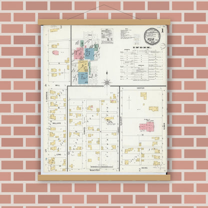 Old map wall art mockup — magnetic wood frame on brick wall — Sanborn Fire Insurance Map from Ada, Hardin County, Ohio (1900), Sheet #0001