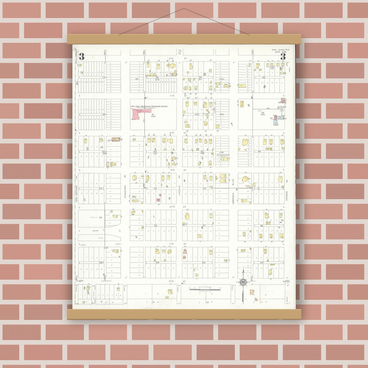Old map wall art mockup — magnetic wood frame on brick wall — Sanborn Fire Insurance Map from San Juan, Hidalgo County, Texas (1938), Sheet #0003
