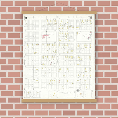 Old map wall art mockup — magnetic wood frame on brick wall — Sanborn Fire Insurance Map from San Juan, Hidalgo County, Texas (1938), Sheet #0003
