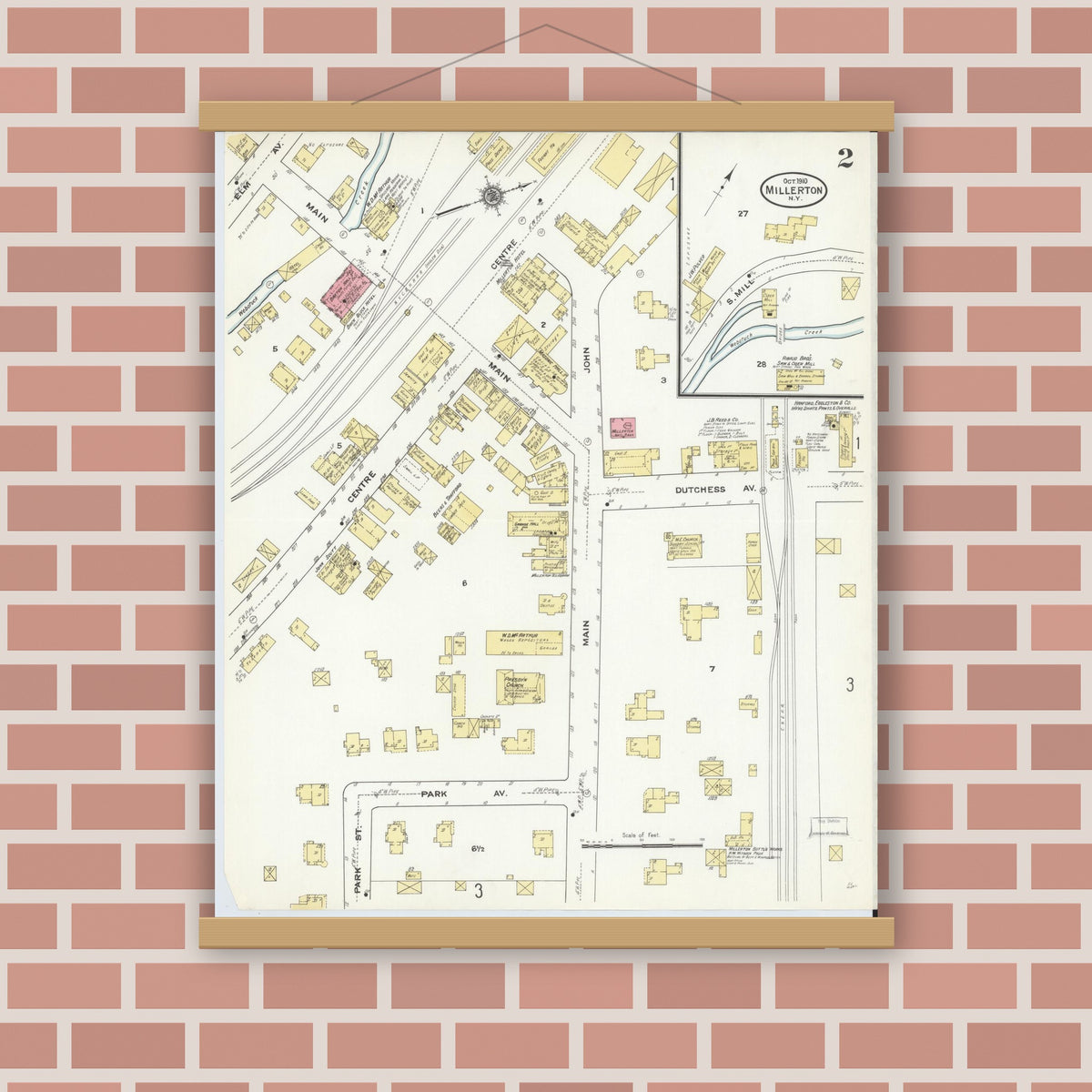Old map wall art mockup — magnetic wood frame on brick wall — Sanborn Fire Insurance Map from Millerton, Dutchess County, New York (1910), Sheet #0002