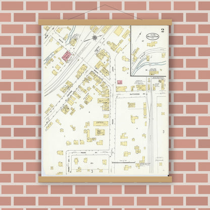 Old map wall art mockup — magnetic wood frame on brick wall — Sanborn Fire Insurance Map from Millerton, Dutchess County, New York (1910), Sheet #0002
