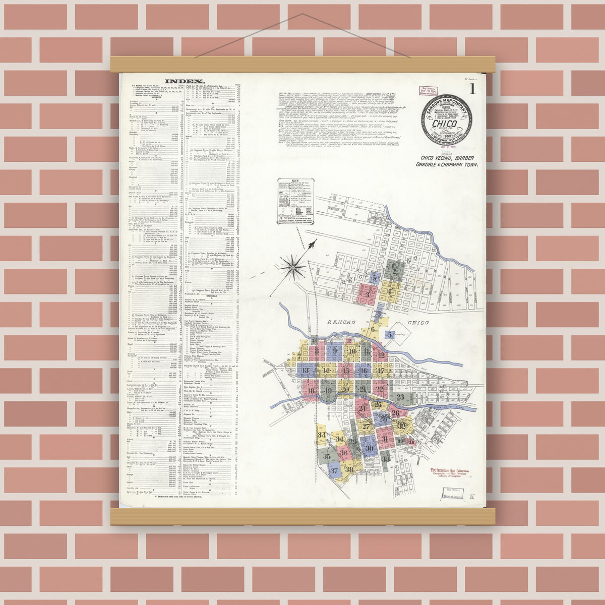 Old map wall art mockup — magnetic wood frame on brick wall — Sanborn Fire Insurance Map from Chico, Butte County, California (1909), Sheet #0001