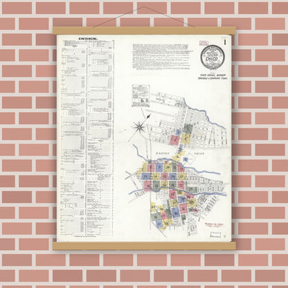 Old map wall art mockup — magnetic wood frame on brick wall — Sanborn Fire Insurance Map from Chico, Butte County, California (1909), Sheet #0001