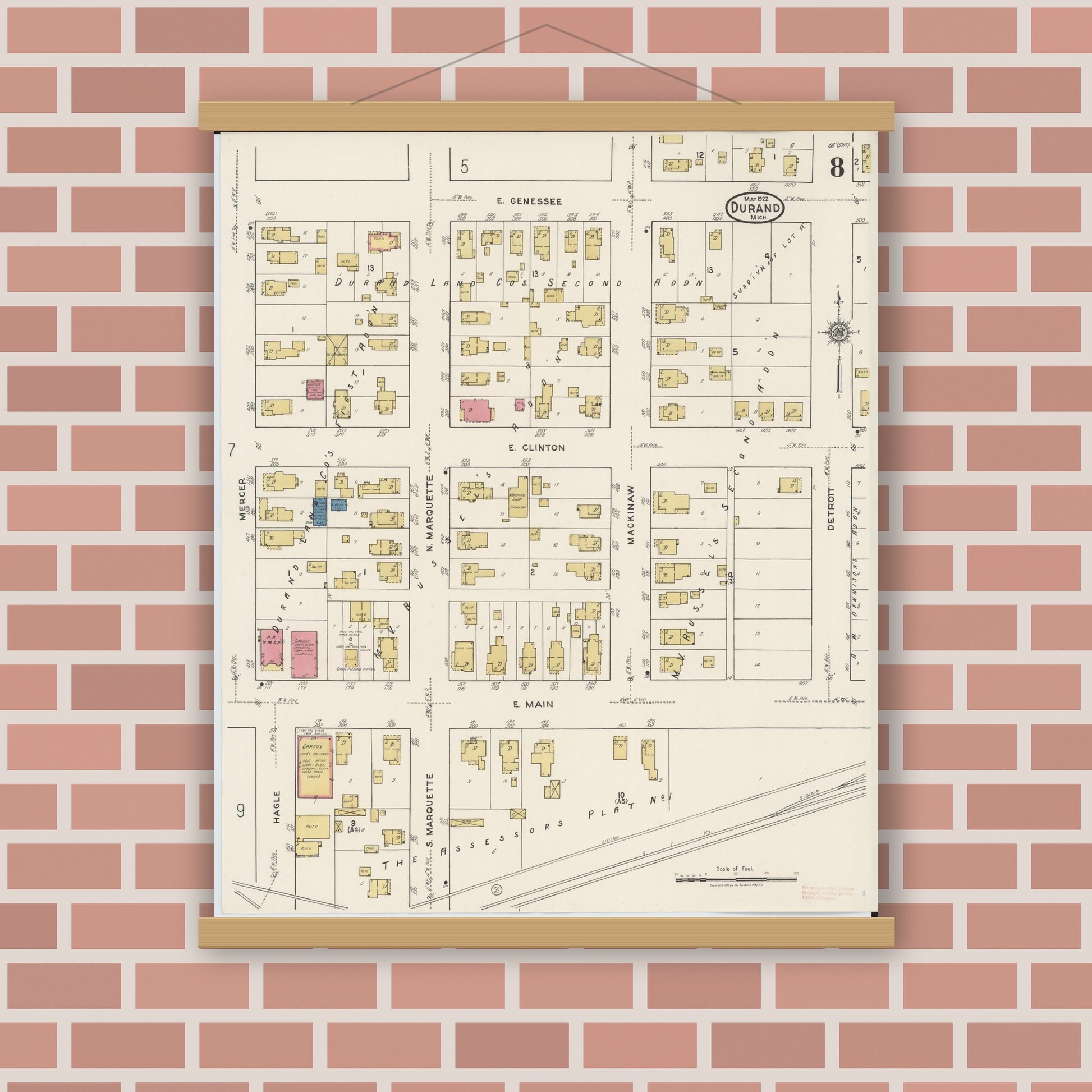 Old map wall art mockup — magnetic wood frame on brick wall — Sanborn Fire Insurance Map from Durand, Shiawassee County, Michigan (1922), Sheet #0008