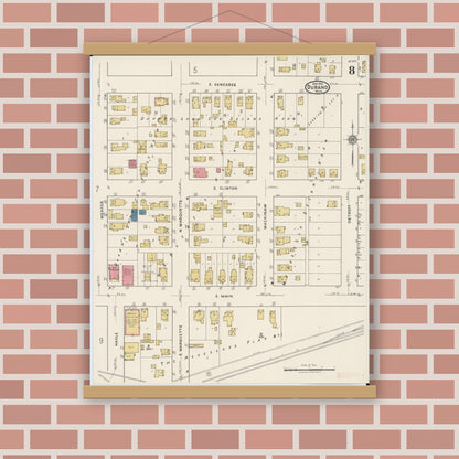 Old map wall art mockup — magnetic wood frame on brick wall — Sanborn Fire Insurance Map from Durand, Shiawassee County, Michigan (1922), Sheet #0008
