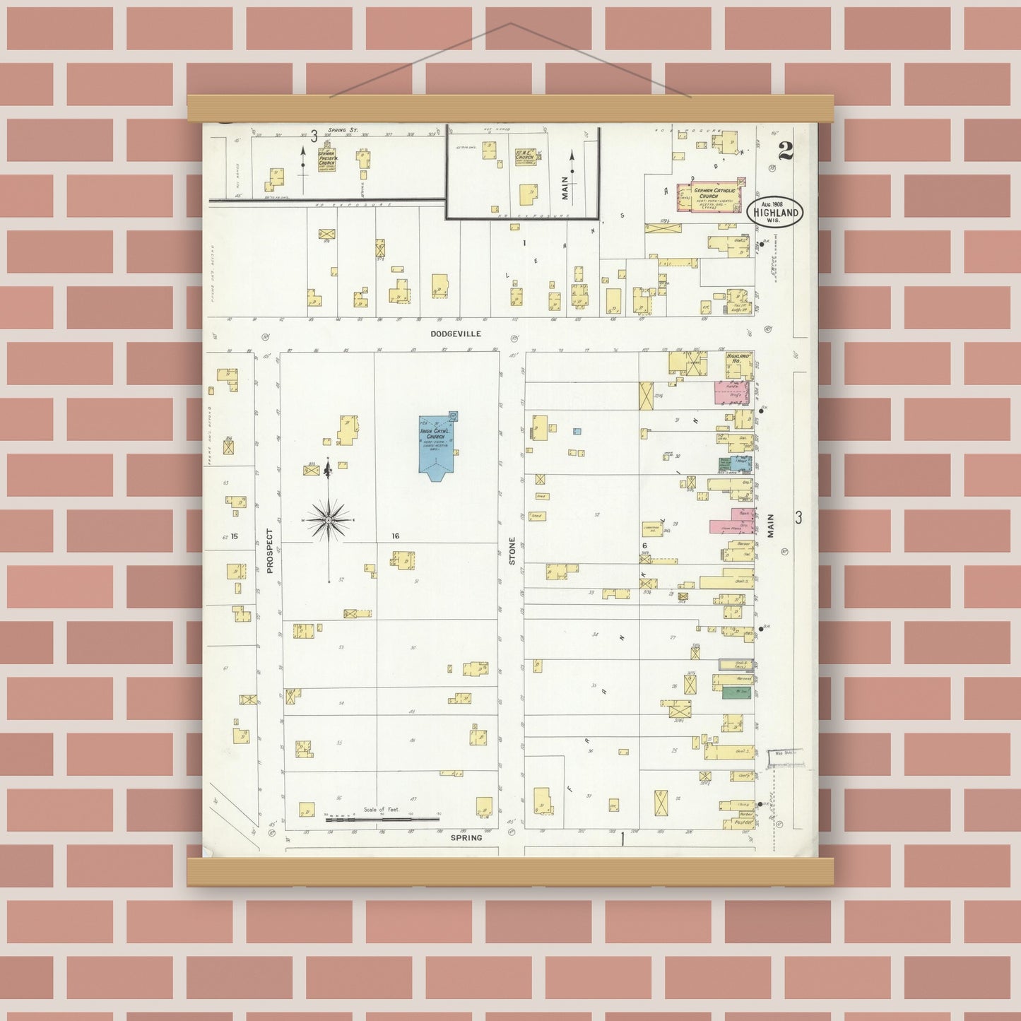 Old map wall art mockup — magnetic wood frame on brick wall — Sanborn Fire Insurance Map from Highland, Iowa County, Wisconsin (1908), Sheet #0002