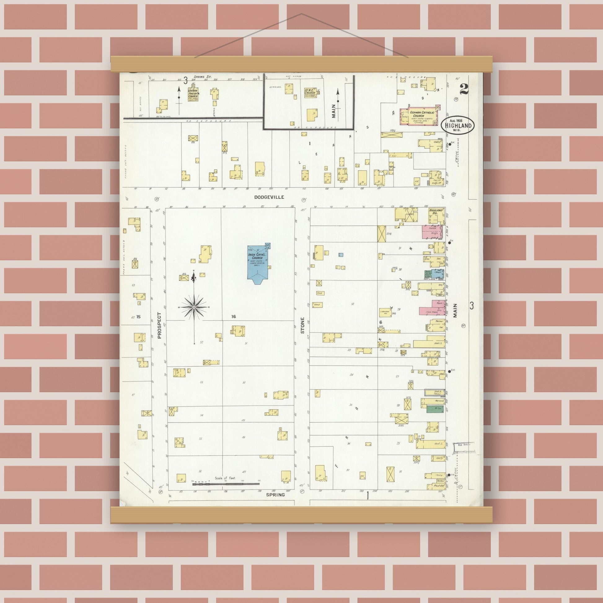 Old map wall art mockup — magnetic wood frame on brick wall — Sanborn Fire Insurance Map from Highland, Iowa County, Wisconsin (1908), Sheet #0002