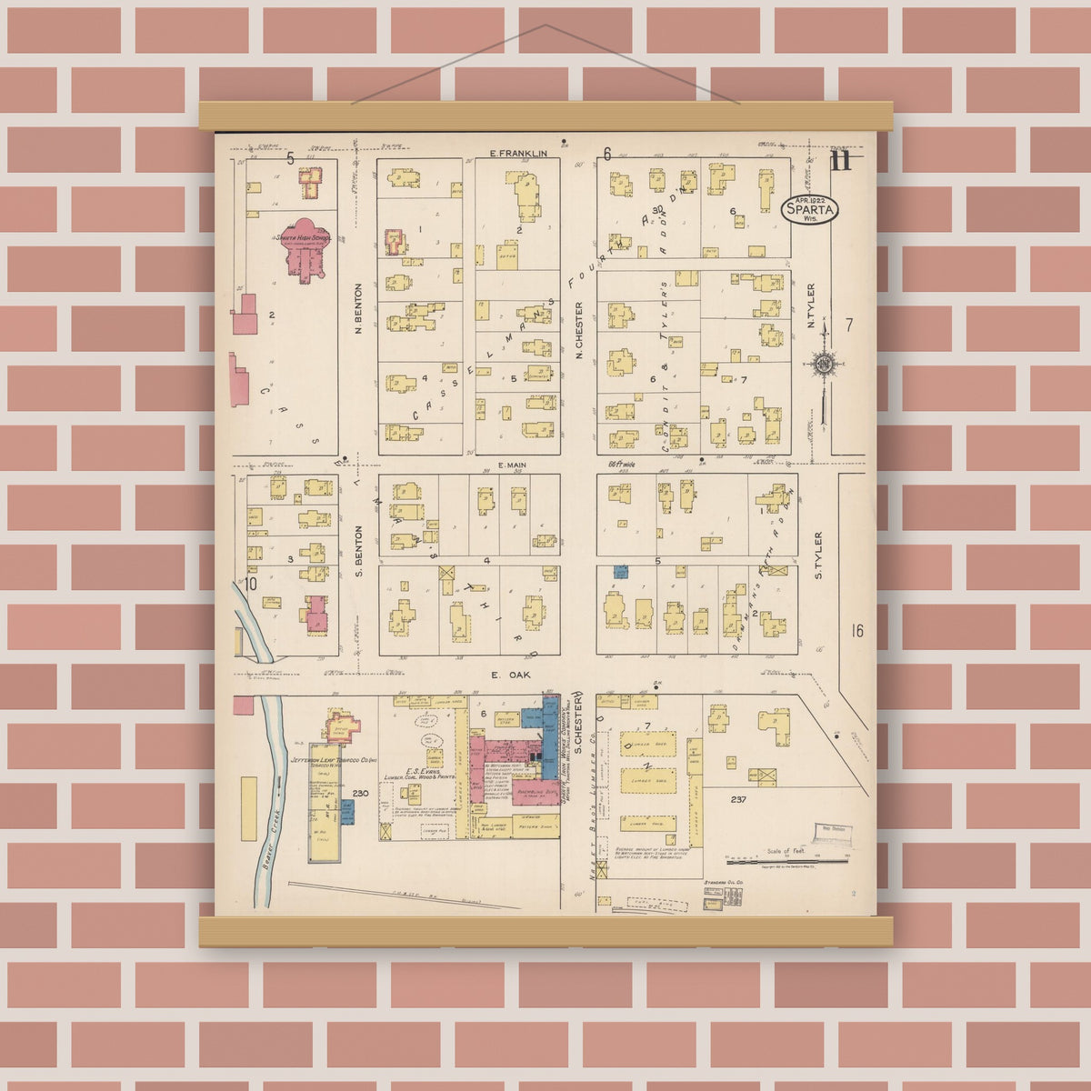 Old map wall art mockup — magnetic wood frame on brick wall — Sanborn Fire Insurance Map from Sparta, Monroe County, Wisconsin (1922), Sheet #0011