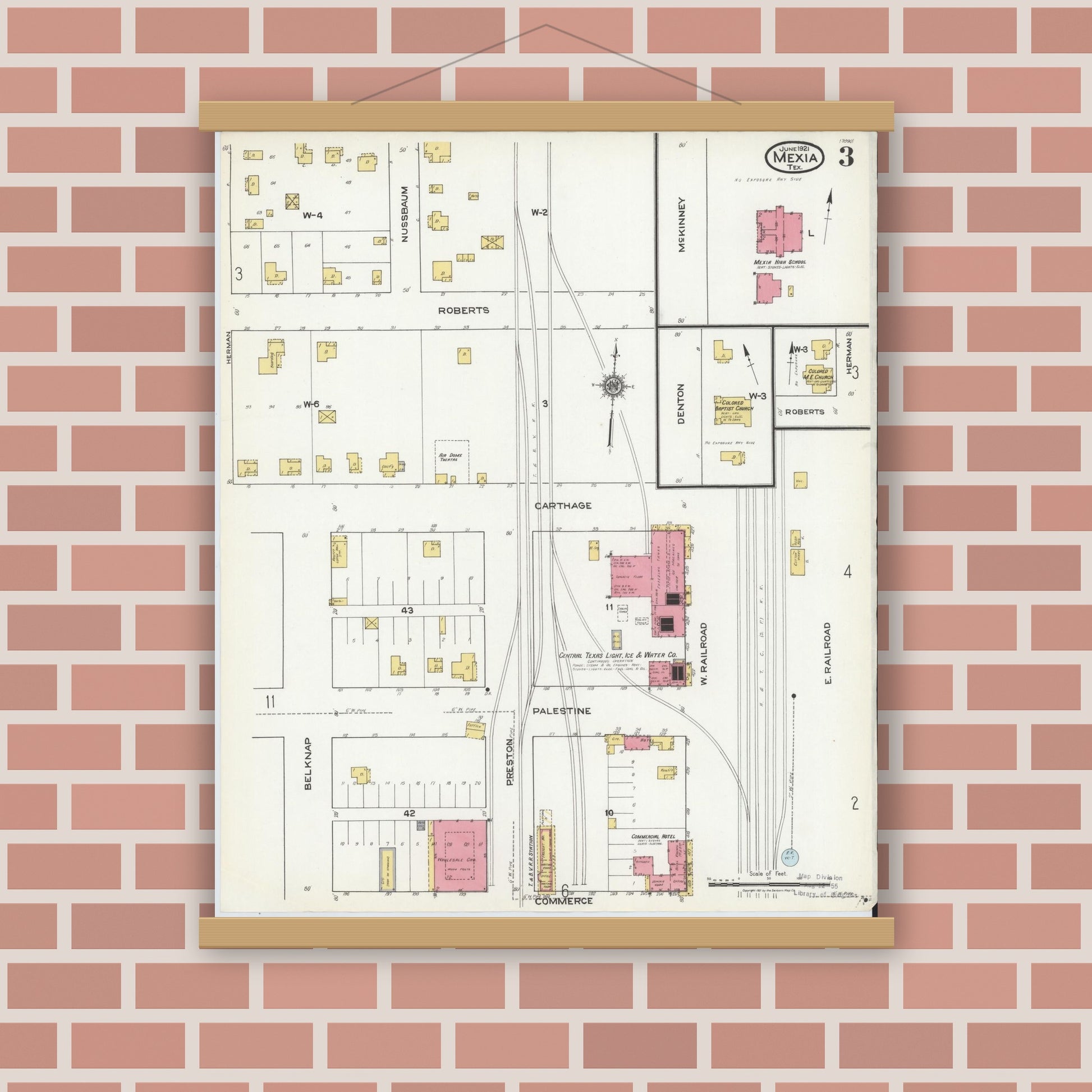 Old map wall art mockup — magnetic wood frame on brick wall — Sanborn Fire Insurance Map from Mexia, Limestone County, Texas (1921), Sheet #0003