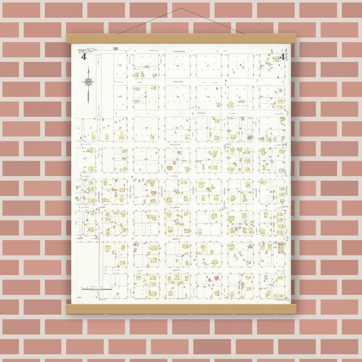 Old map wall art mockup — magnetic wood frame on brick wall — Sanborn Fire Insurance Map from Henrietta, Clay County, Texas (1934), Sheet #0004