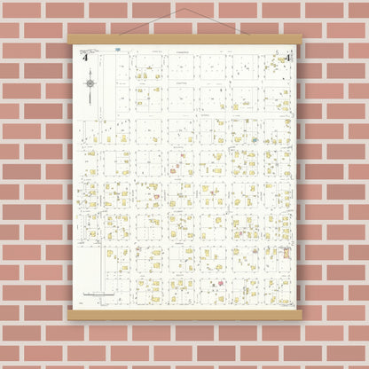 Old map wall art mockup — magnetic wood frame on brick wall — Sanborn Fire Insurance Map from Henrietta, Clay County, Texas (1934), Sheet #0004