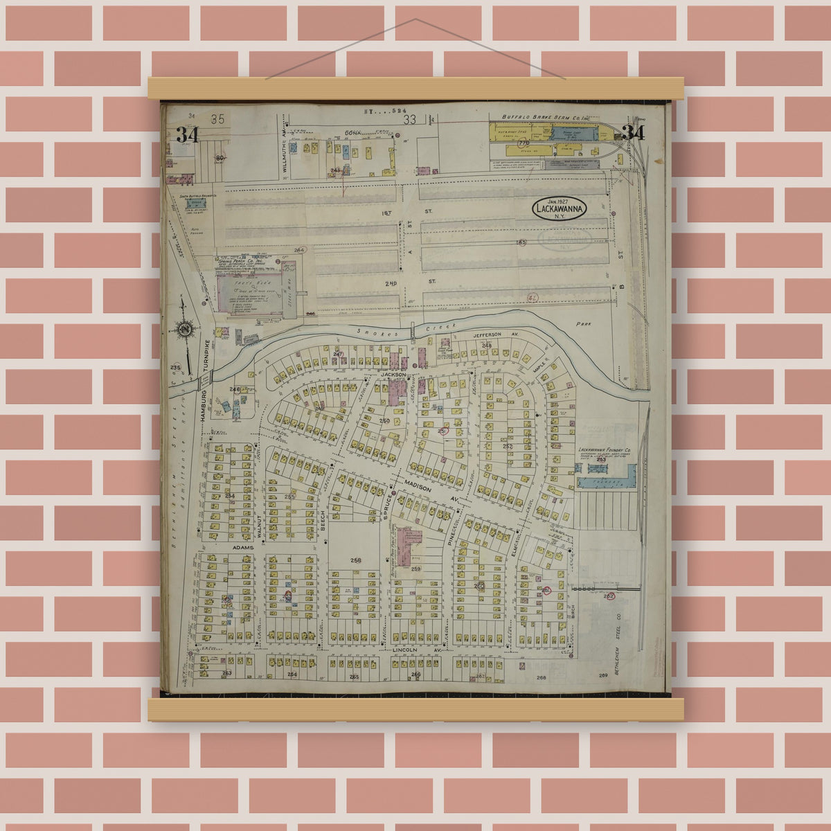Old map wall art mockup — magnetic wood frame on brick wall — Sanborn Fire Insurance Map from Lackawanna, Erie County, New York (1950), Sheet #0034