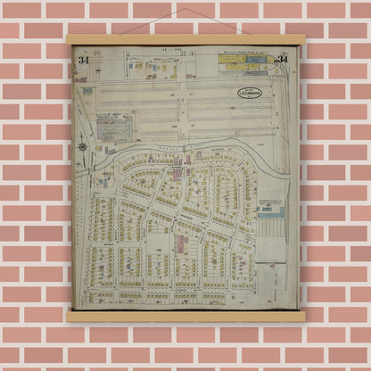 Old map wall art mockup — magnetic wood frame on brick wall — Sanborn Fire Insurance Map from Lackawanna, Erie County, New York (1950), Sheet #0034