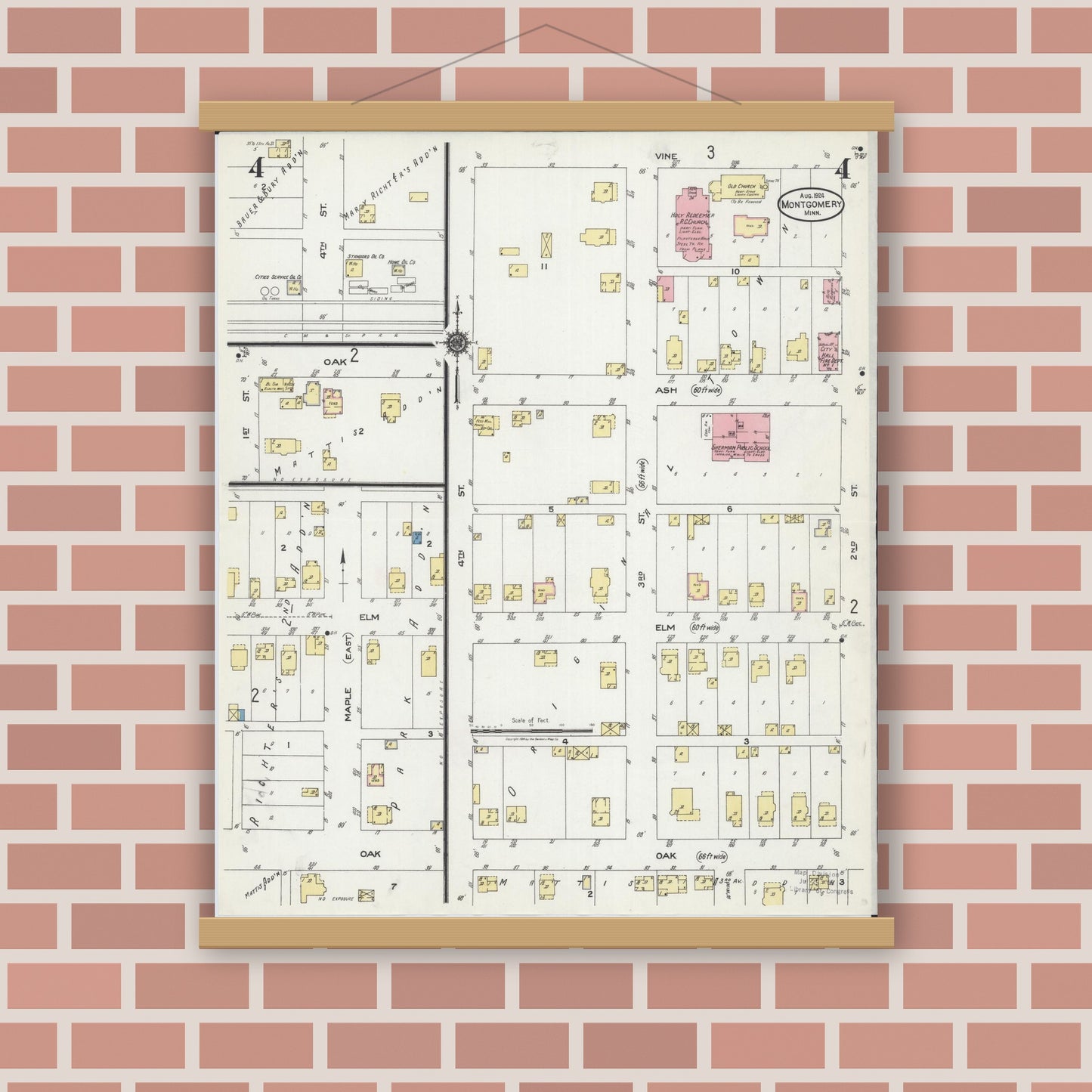 Old map wall art mockup — magnetic wood frame on brick wall — Sanborn Fire Insurance Map from Montgomery, Le Sueur County, Minnesota (1924), Sheet #0004