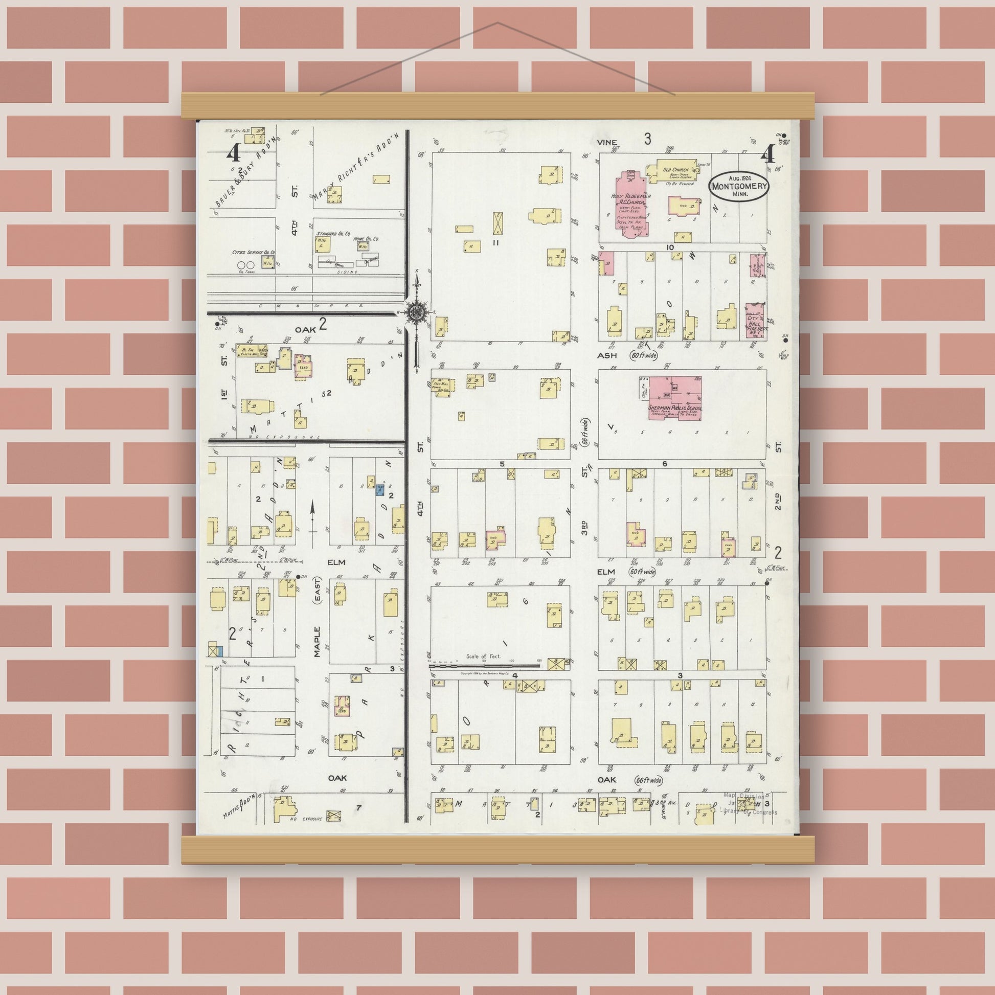 Old map wall art mockup — magnetic wood frame on brick wall — Sanborn Fire Insurance Map from Montgomery, Le Sueur County, Minnesota (1924), Sheet #0004
