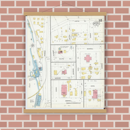 Old map wall art mockup — magnetic wood frame on brick wall — Sanborn Fire Insurance Map from Beloit, Rock County, Wisconsin (1902), Sheet #0012